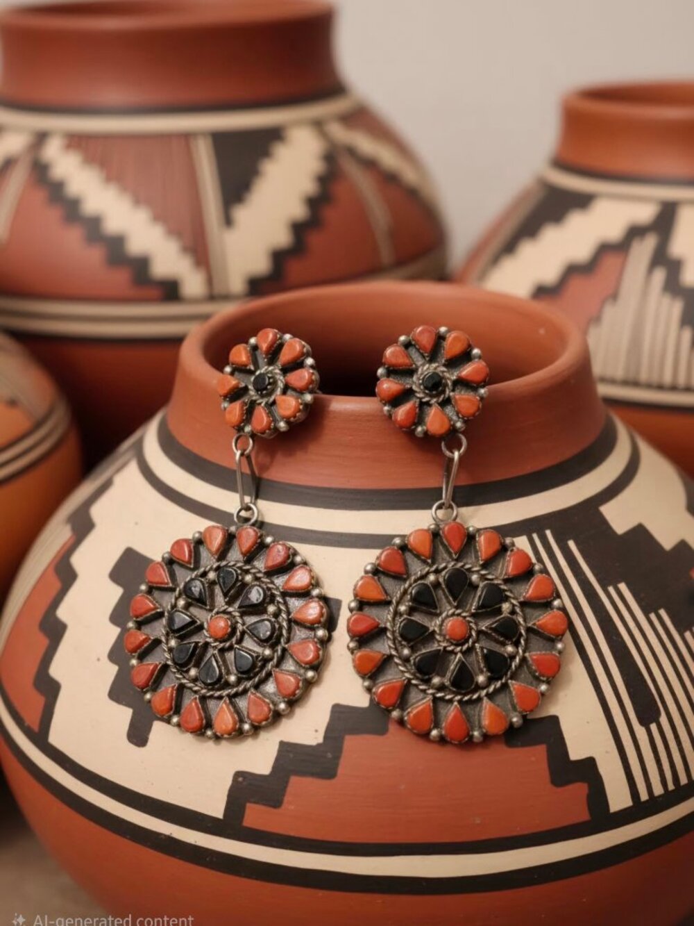 Zuni Coral and Jet Cluster Earrings